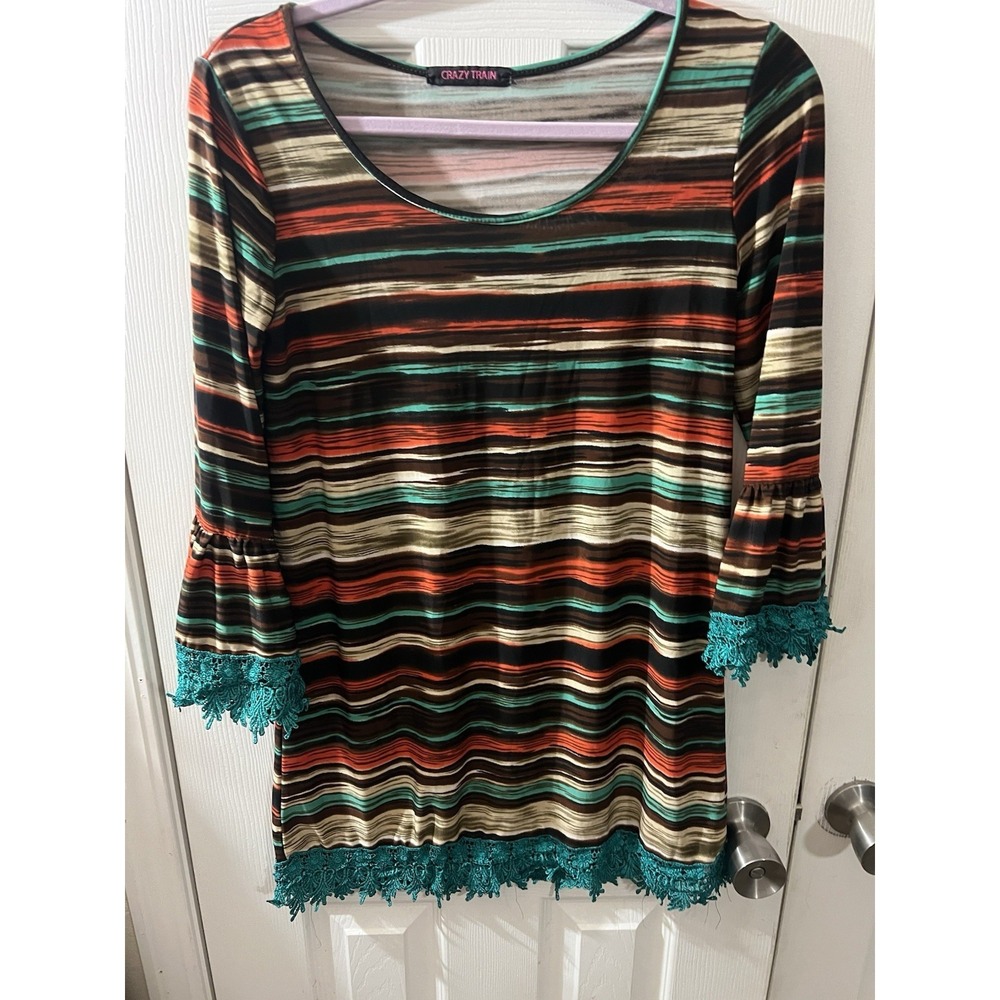 Crazy Train Multicolor Dress Tunic  With Fringe‎ Size Medium